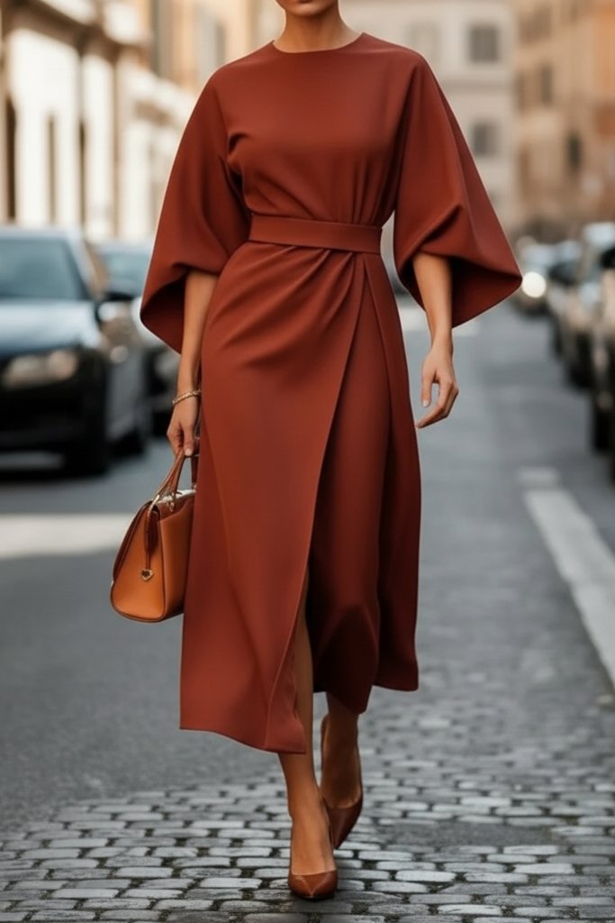 Clara | Elegant Lantern-Sleeve Waist-Cinching Cocktail Midi Dress 1