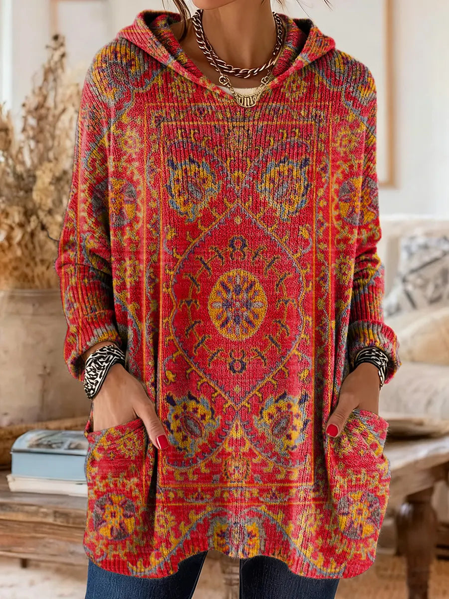 Cora | Retro Ethnic Print Hooded Knit Tunic Top 0