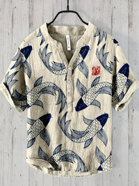 Robert | Camicia in lino con stampa artistica di pesci elegante