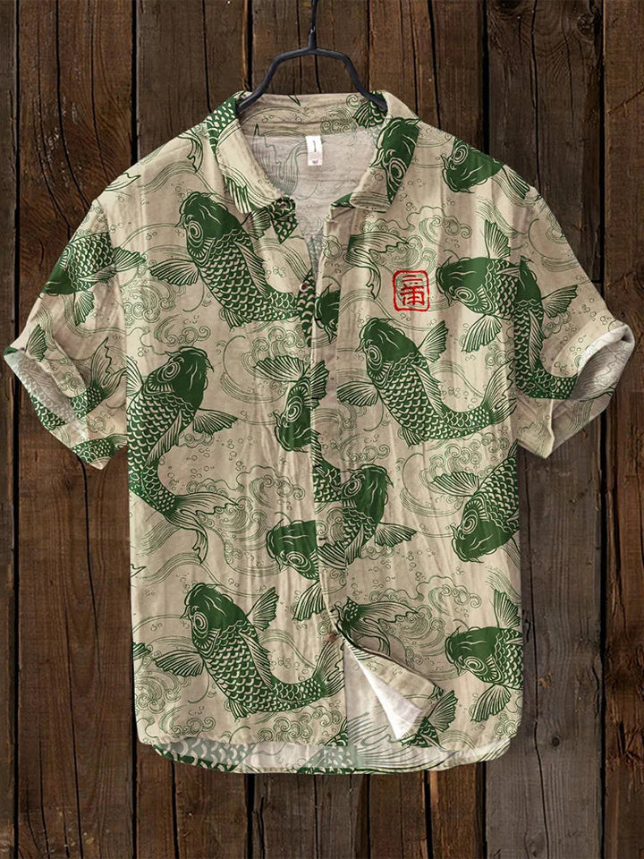 David | Stylish Fish Art Linen Shirt 1