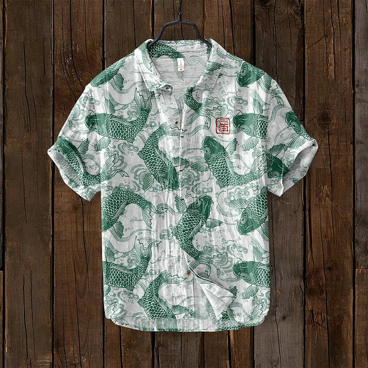 David | Stylish Fish Art Linen Shirt 3