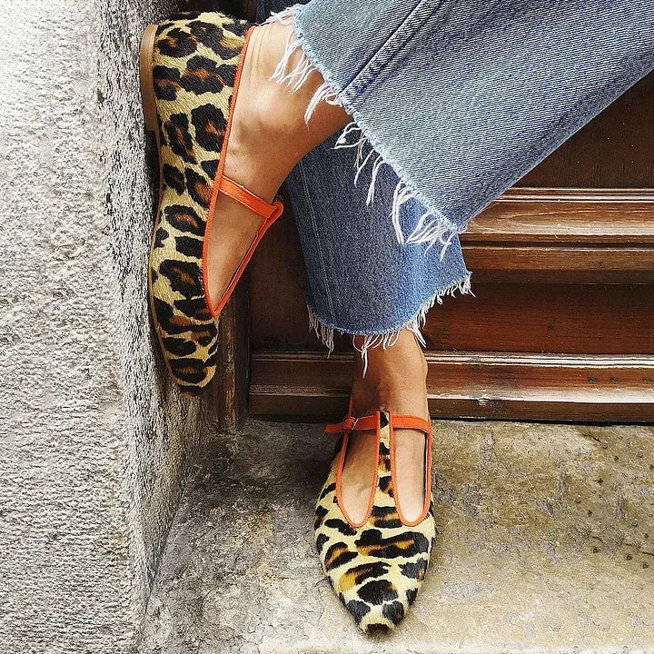Elena | Chic Leopard Print T-Bar Ballet Flats 0