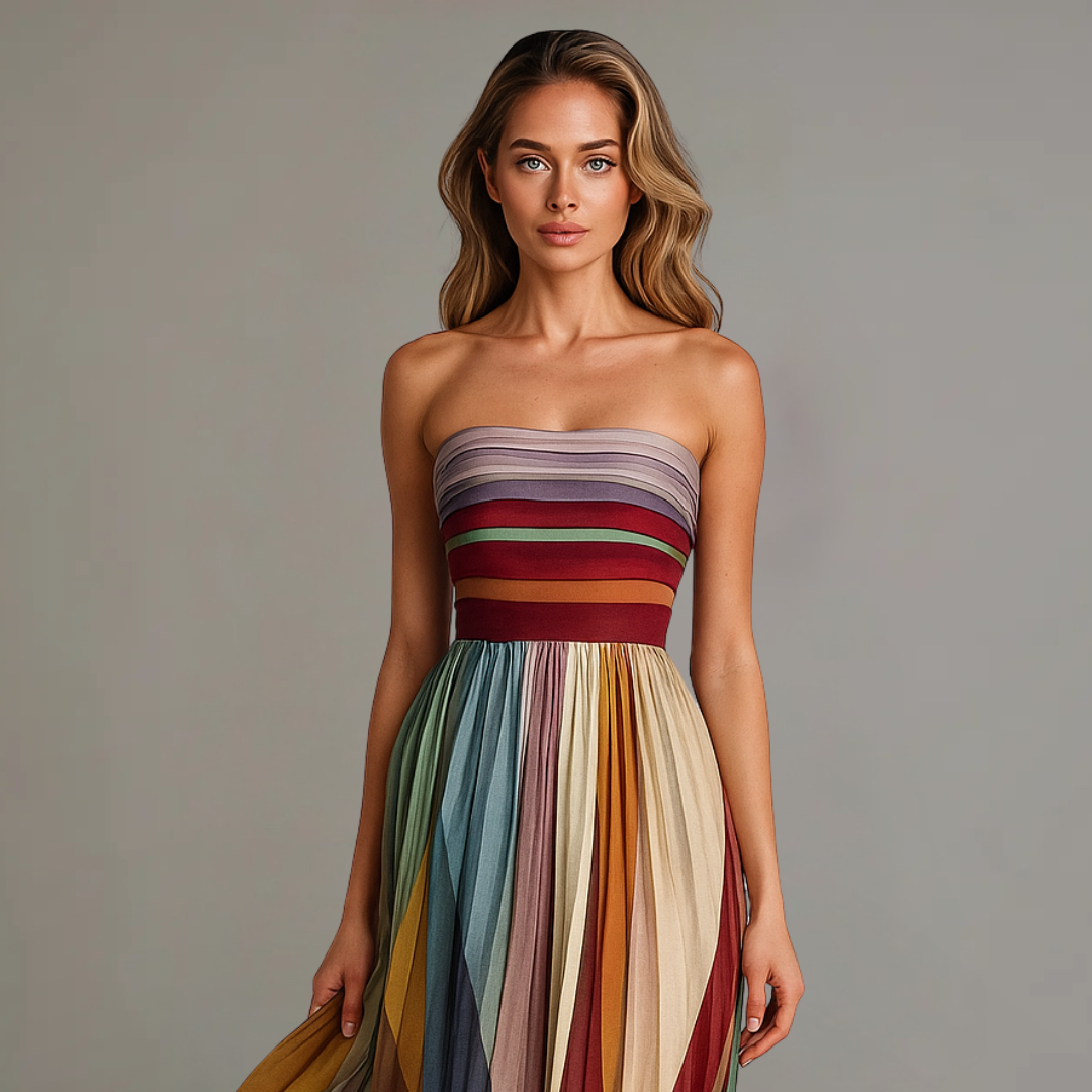 Elena | Vibrant and Multicolor strapless maxi dress for summer 1
