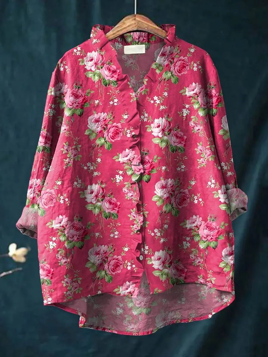 Harper | Women's Relaxed-Fit Floral Ruffle-Trim Linen Button-Down Blouse 0