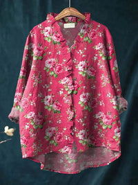 Scarlett | Floral Ruffle-Trim Linen Button-Down Blouse