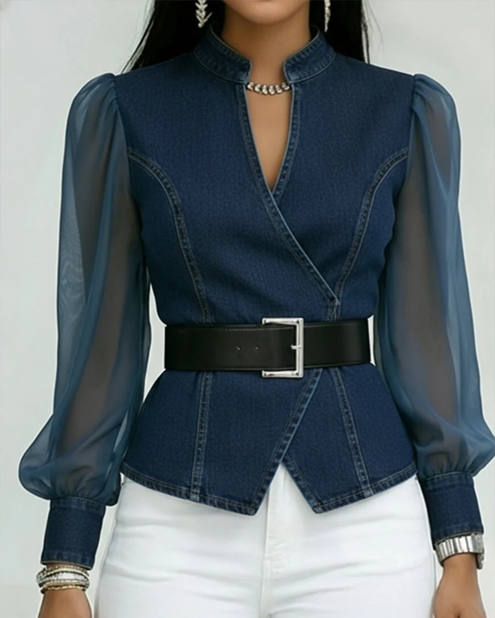 Haven | Elegant Denim Wrap Top for Women – Versatile Blouse with Chiffon Sleeves 3