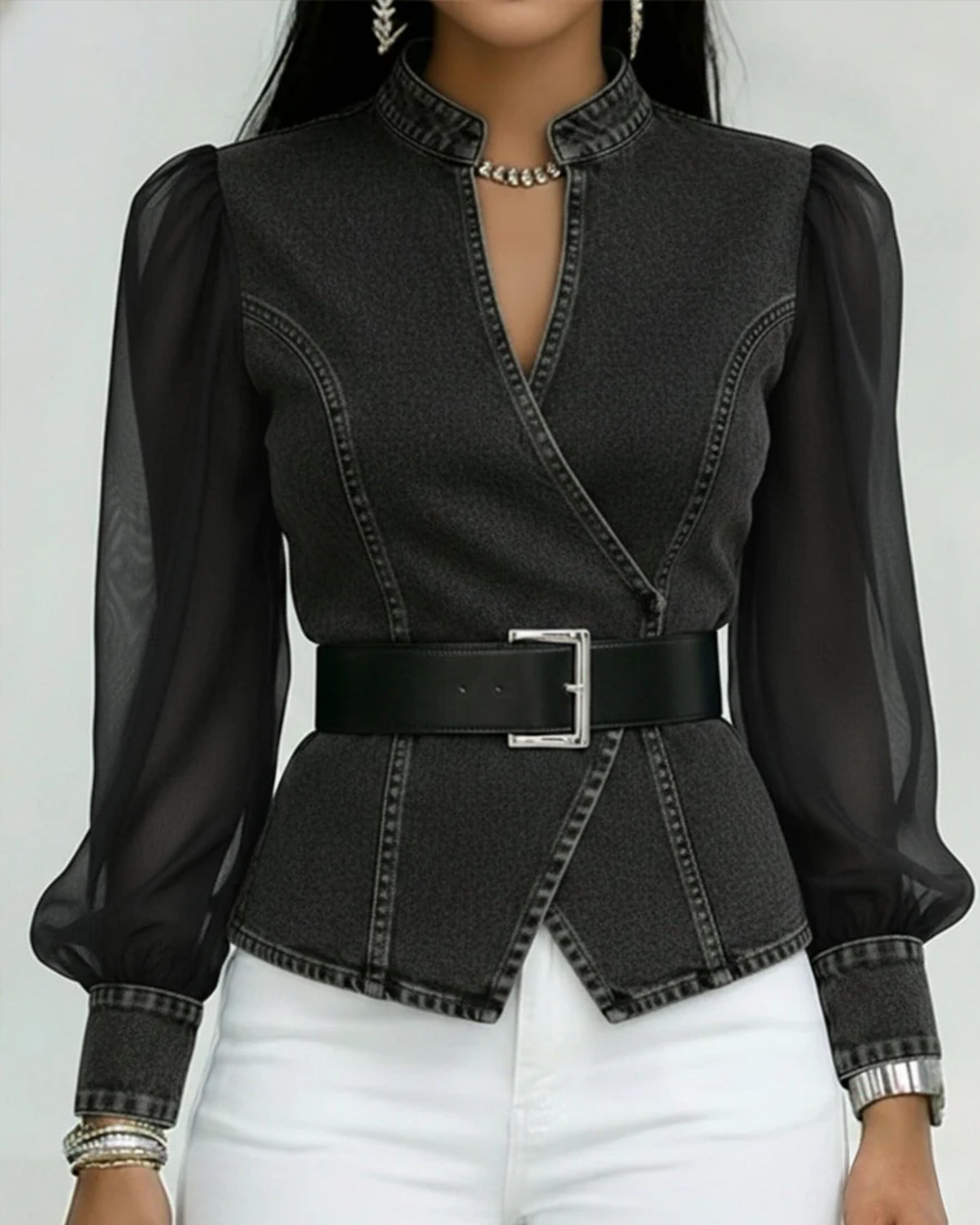 Haven | Elegant Denim Wrap Top for Women – Versatile Blouse with Chiffon Sleeves 4