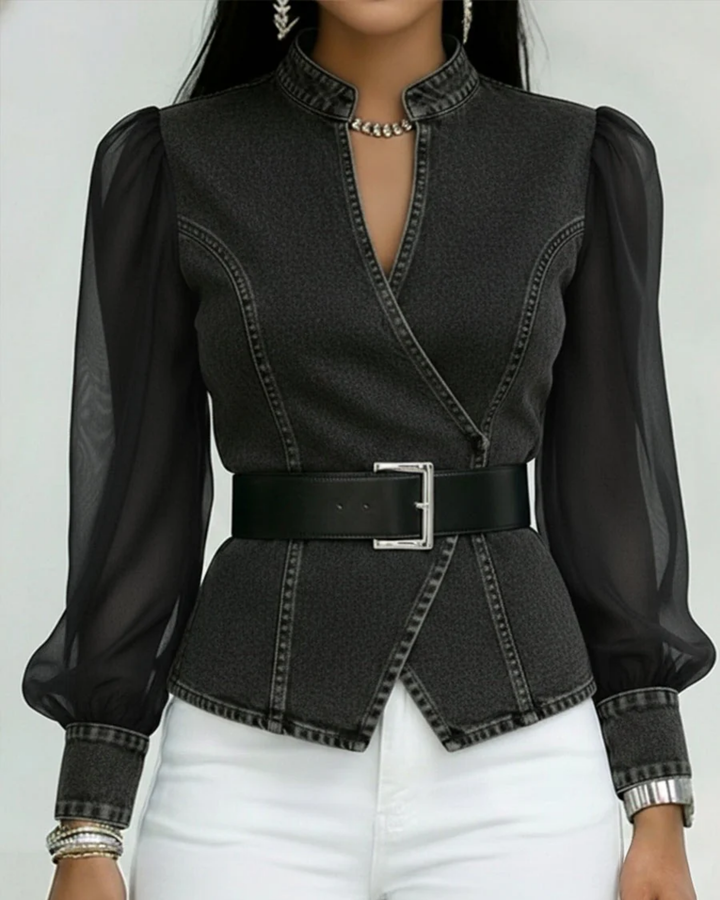 Haven | Elegant Denim Wrap Top for Women – Versatile Blouse with Chiffon Sleeves 4