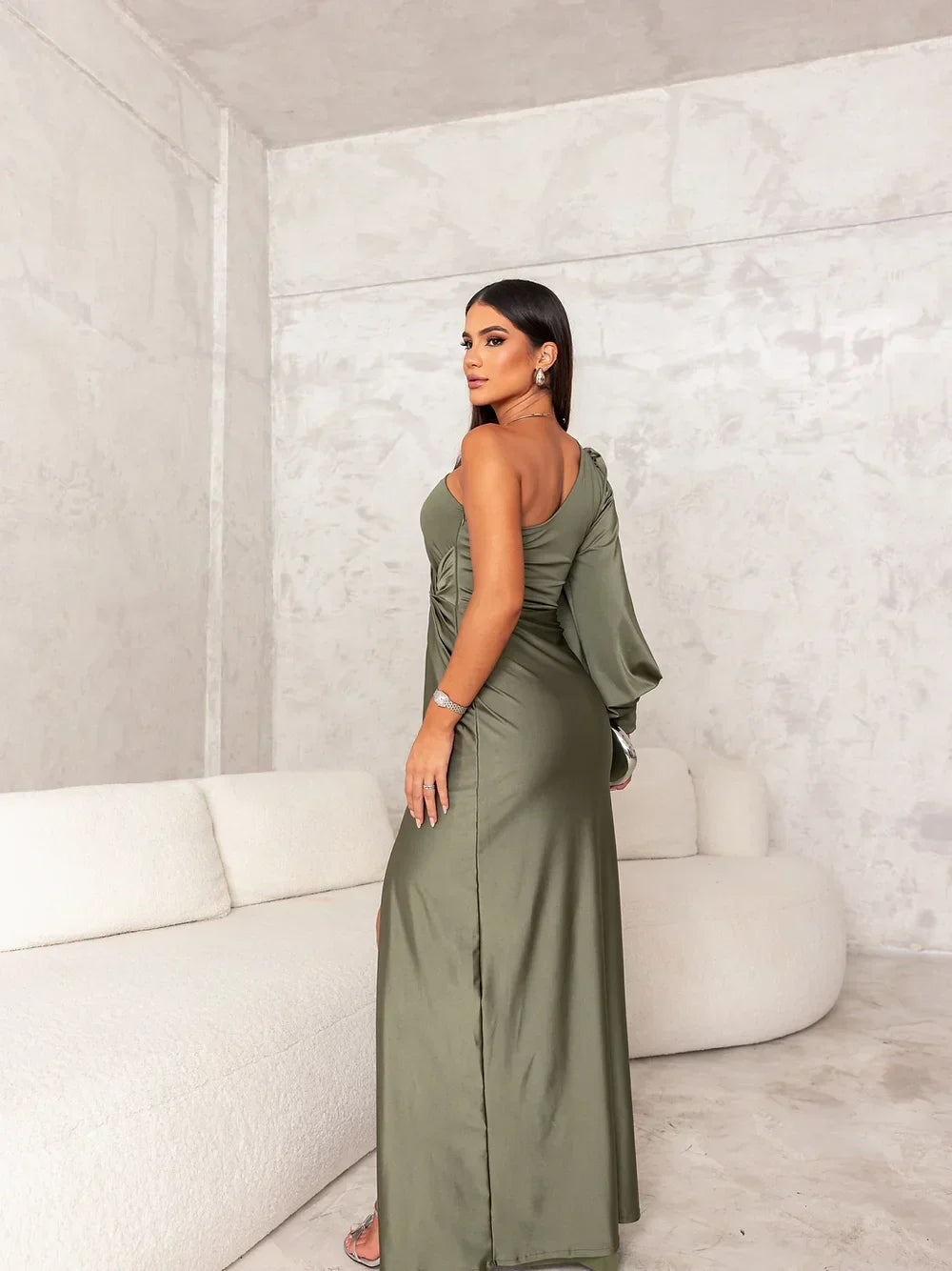Lola | Thigh-High Slit One-Shoulder Satin Dress 2
