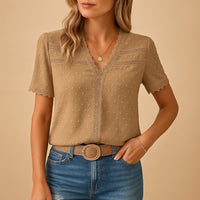 Sofia | Stylish Swiss Dot Lace Trim V-Neck Blouse