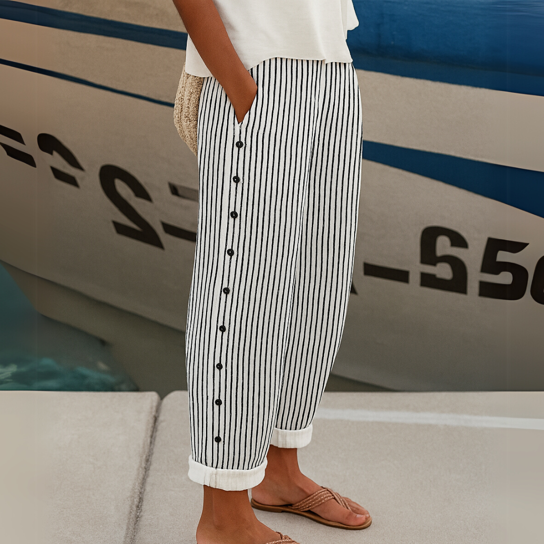 Maya | Chic High Waisted Striped Button Detail Pants 0