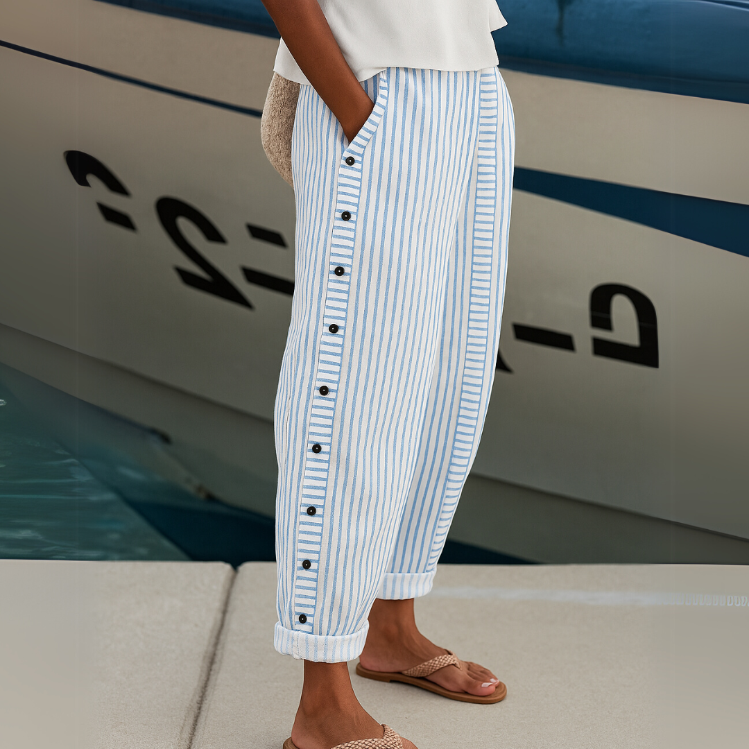 Maya | Chic High Waisted Striped Button Detail Pants 1