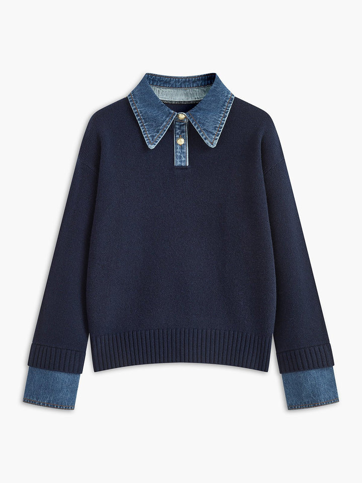 Mia | Women's Denim-Collar Knit Polo Sweater 0