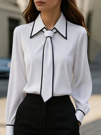Camille | Elegant Contrast Trim Tie Neck Blouse