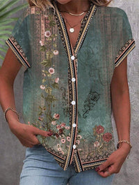Luna | Classic Boho Floral Print V-Neck Blouse