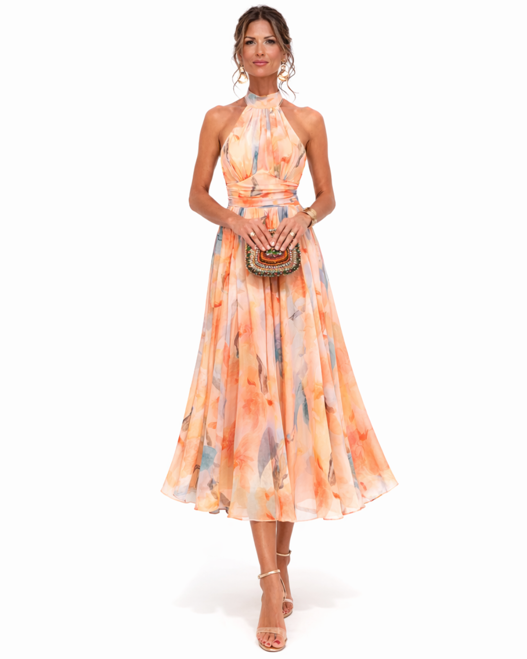 Nora | Elegant Watercolor Halter Maxi Dress 0