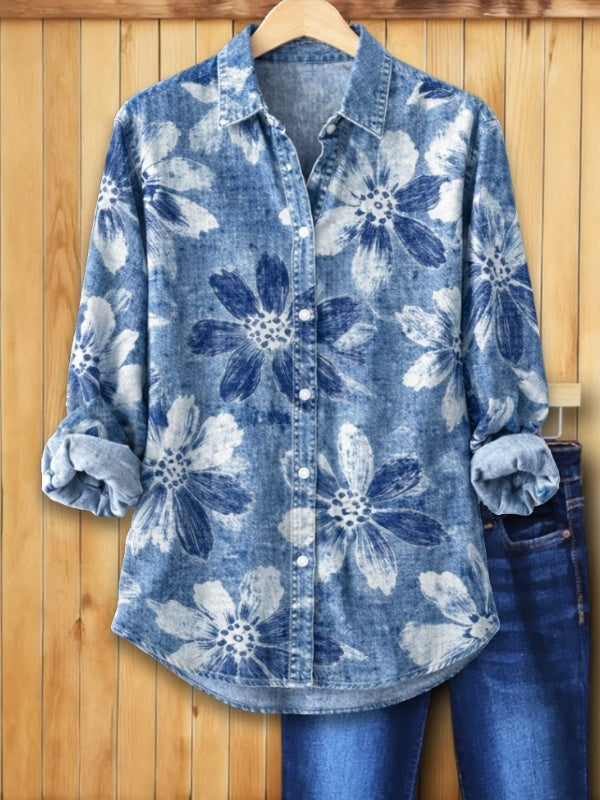 Nova | Vibrant Floral Print Relaxed Denim Shirt 0