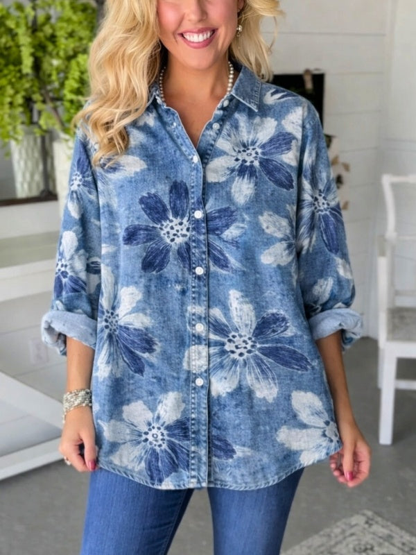 Nova | Vibrant Floral Print Relaxed Denim Shirt 1