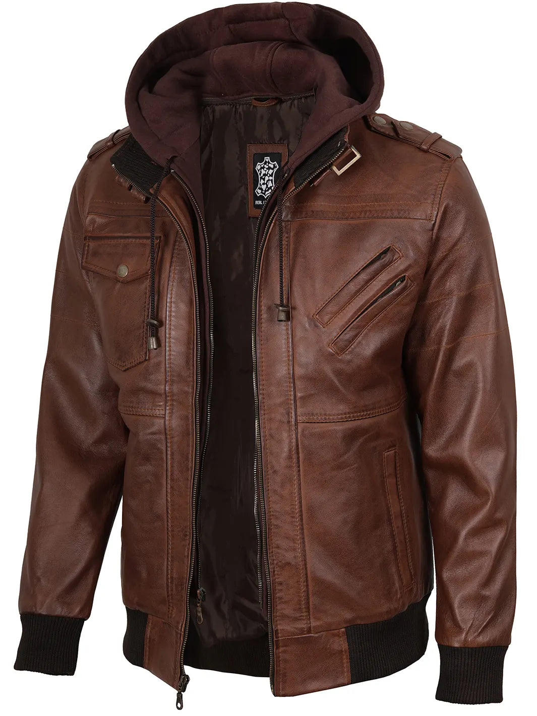 Oliver | Premium Leather Bomber Jacket with Removable Hood 1