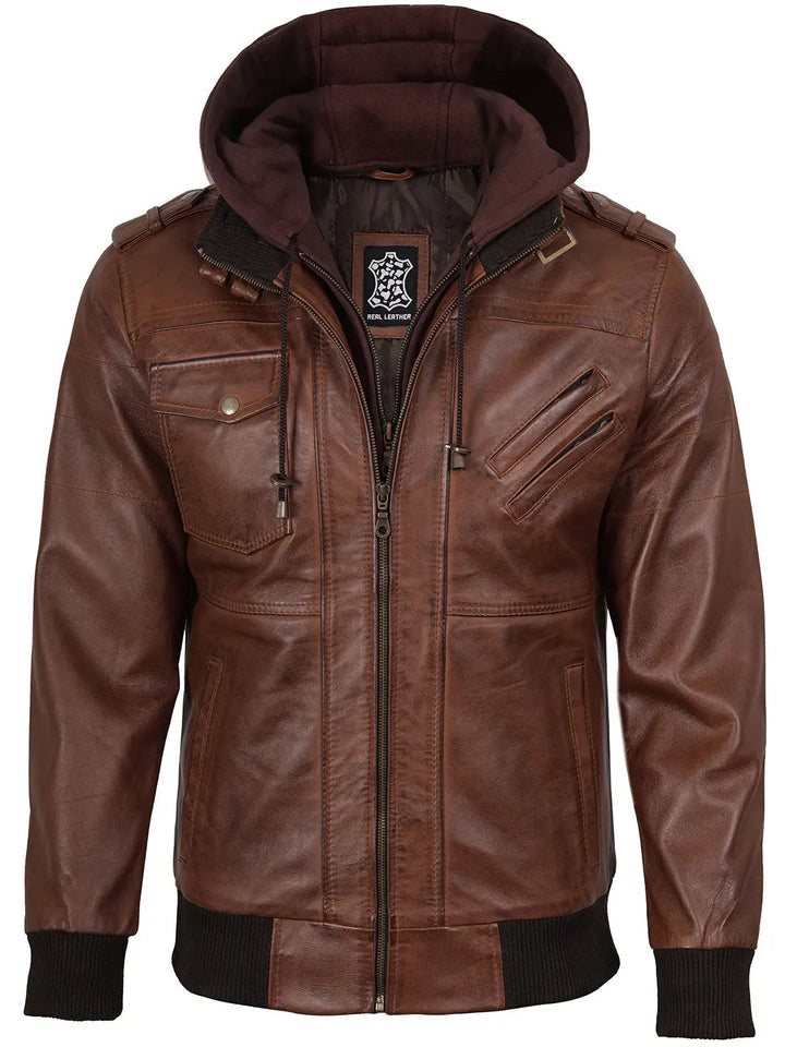 Oliver | Premium Leather Bomber Jacket with Removable Hood 2