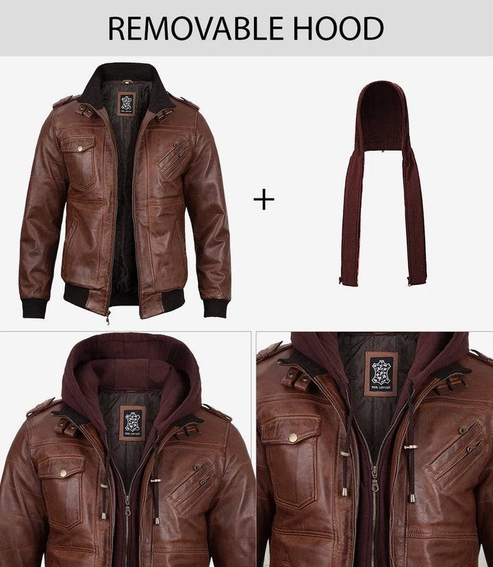 Oliver | Premium Leather Bomber Jacket with Removable Hood 4