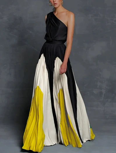 Olivia | Elegant One-Shoulder Color-Block Maxi Dress 0