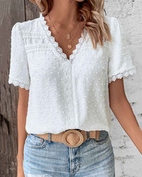 Evie | Bohemian Swiss Dot Lace Trim V-Neck Blouse