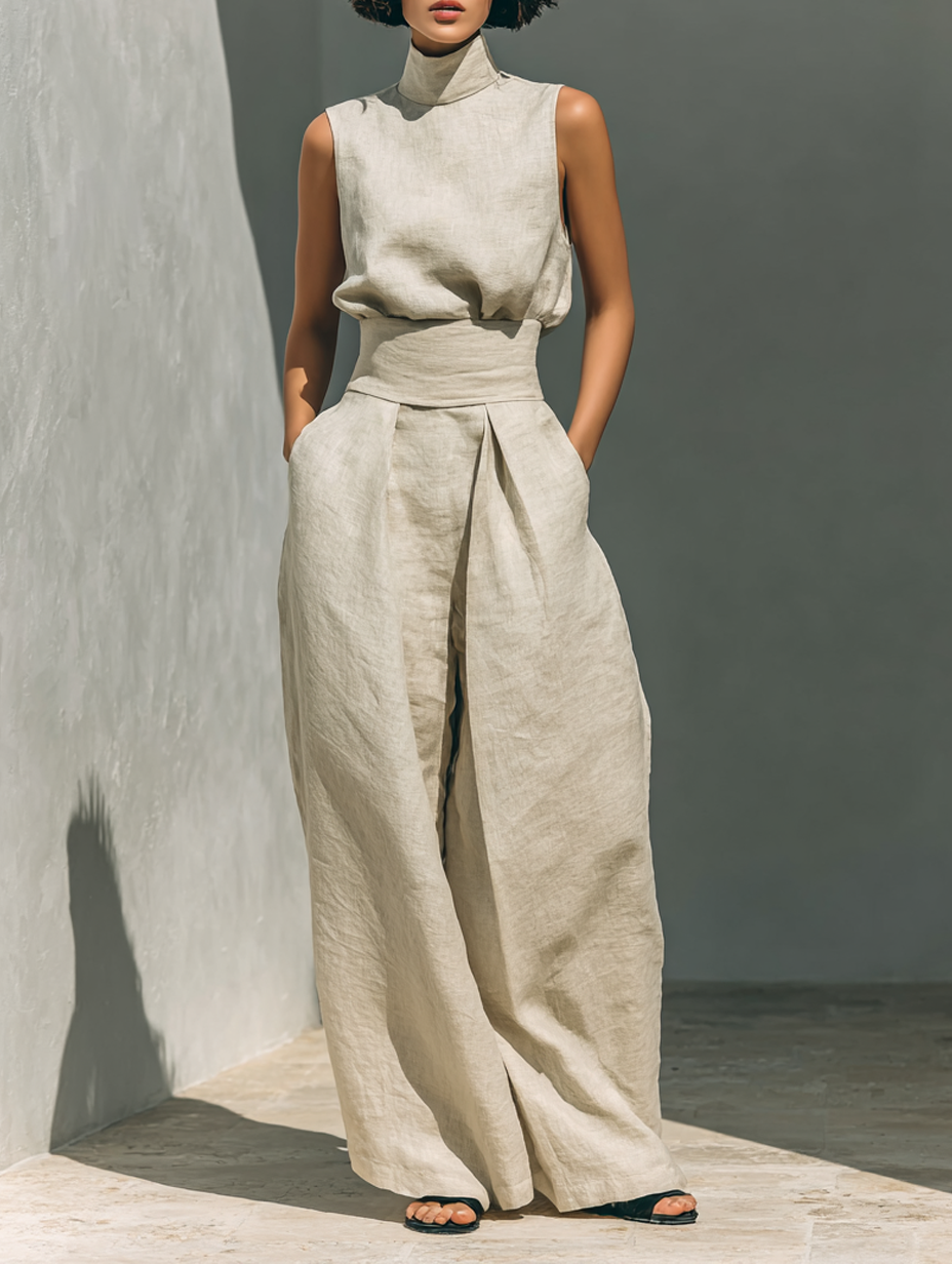 Savannah | Elegant Women's Jumpsuit – Breathable Cotton-Linen Blend with Modern High-Neckline 1