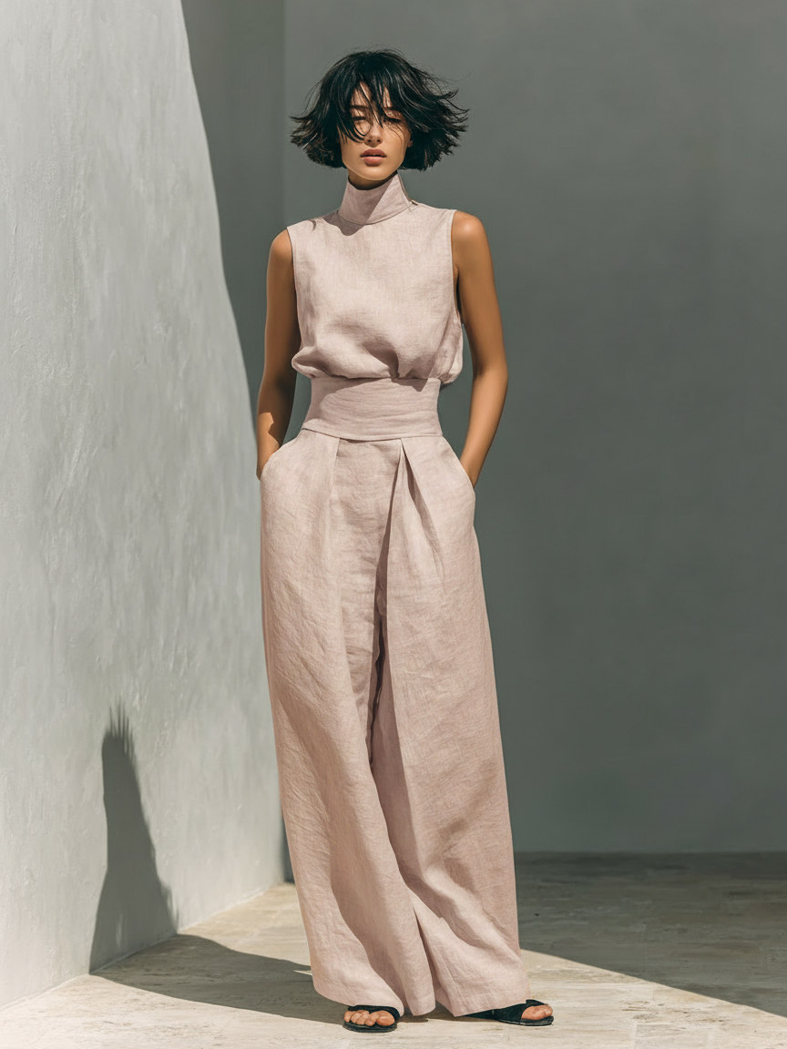 Savannah | Elegant Women's Jumpsuit – Breathable Cotton-Linen Blend with Modern High-Neckline 3