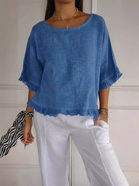Olivia | Frayed-Hem Linen-Look Short Sleeve Blouse for Women
