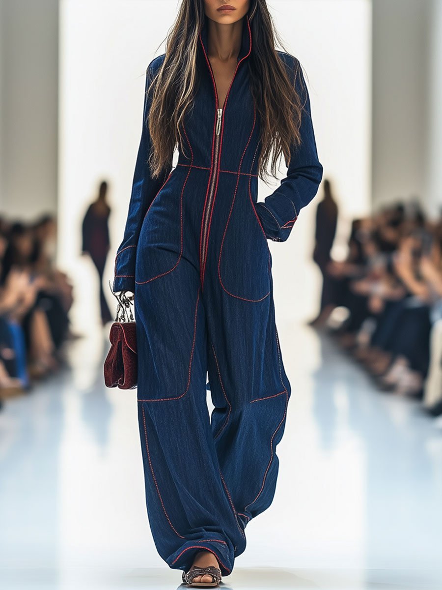 Scarlett | Polished And Chic Zip-Front Denim Jumpsuit 0