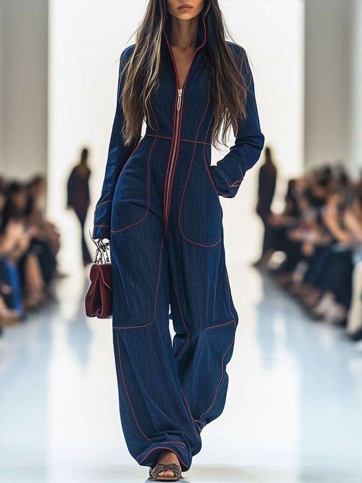 Scarlett | Polished And Chic Zip-Front Denim Jumpsuit 0