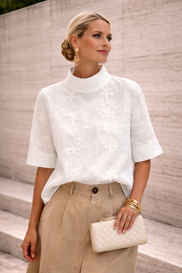 Sienna | Elegant High-Neck Women’s Blouse – Floral Embroidered, Lightweight &amp; Breathable 0