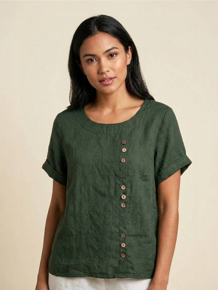 Taylor | Women’s Linen Round Neck Button Blouse 0