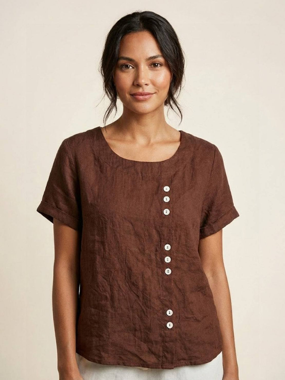 Taylor | Women’s Linen Round Neck Button Blouse 12