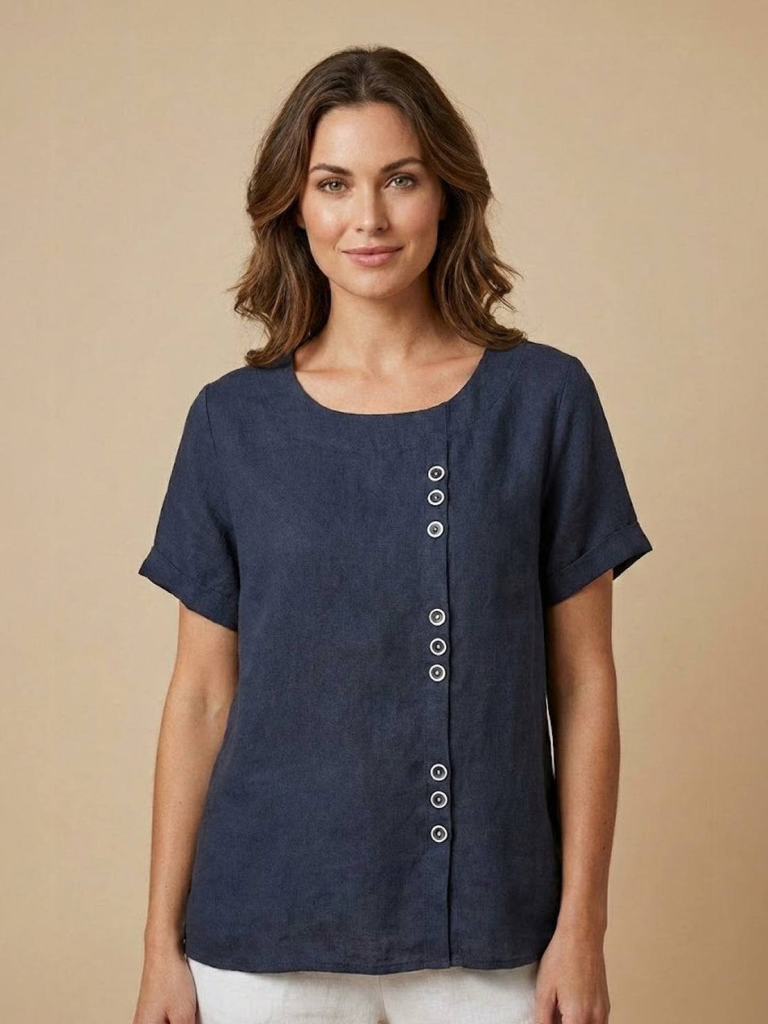Taylor | Women’s Linen Round Neck Button Blouse 18