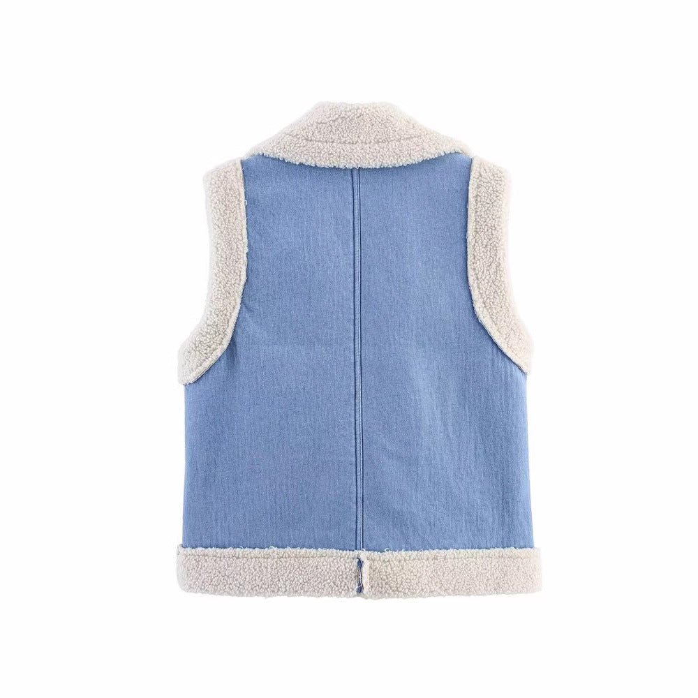 Women's vintage-style denim vest with fleece lining, Drune 4