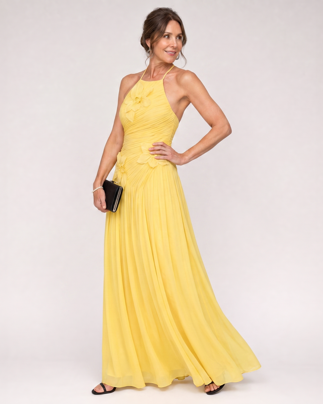 Chic Pleated Halter Neck Floral Maxi Dress
