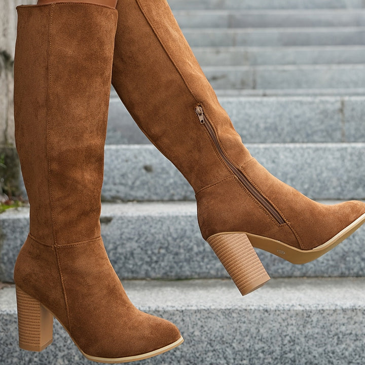 Aurora | Pointed Toe Stacked Heel Knee High Boots