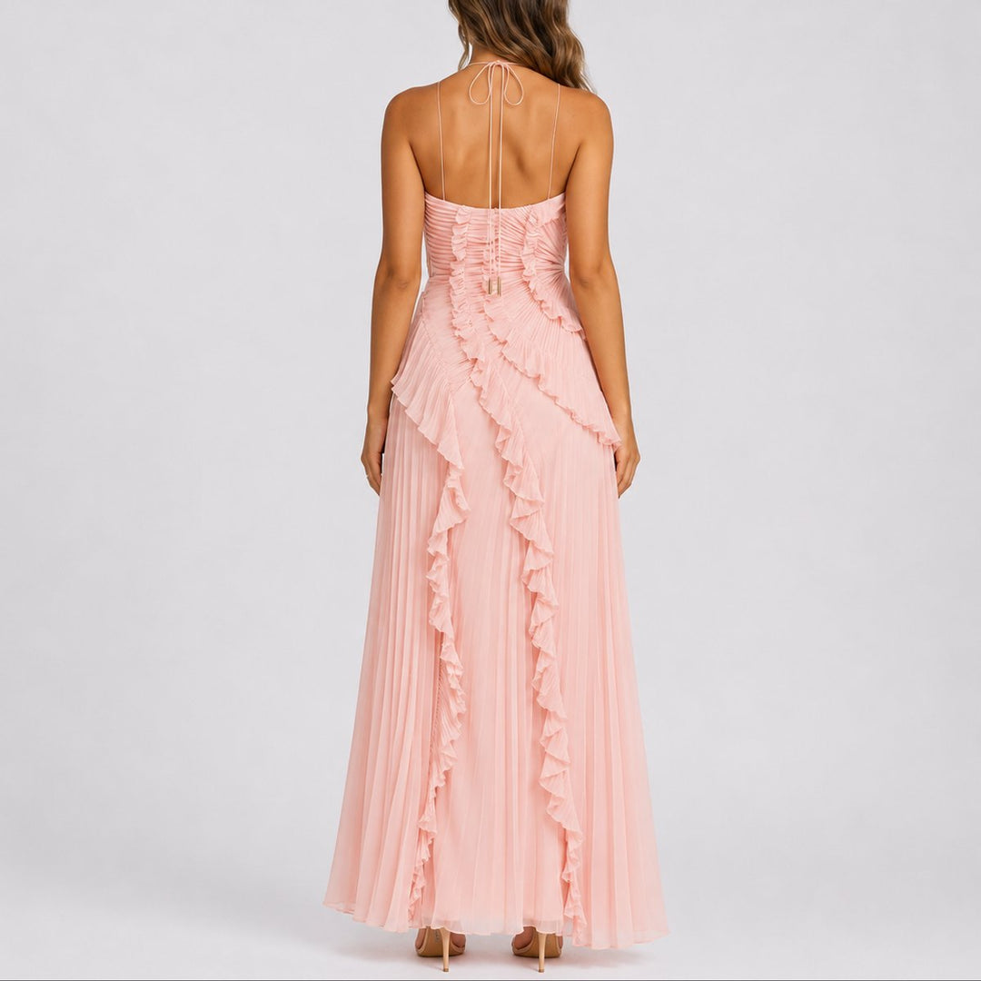 Amelie | Fall Wedding Pleated Ruffle Halter Maxi Dress
