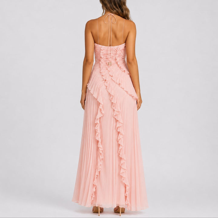 Amelie | Fall Wedding Pleated Ruffle Halter Maxi Dress