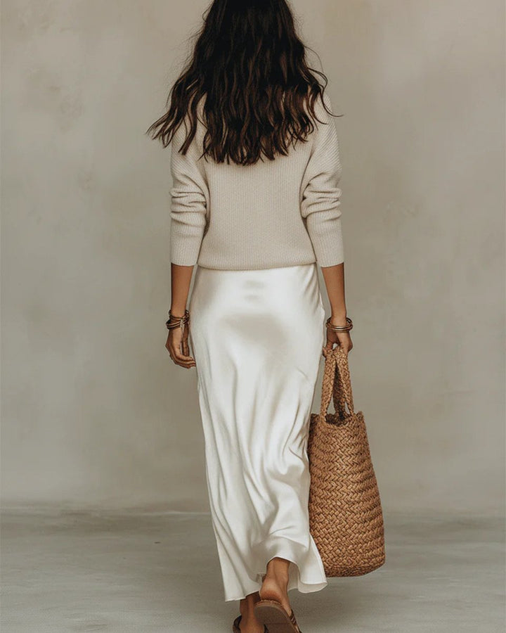 Hannah | Abito midi a due pezzi con sottoveste in raso e maglia a coste a maniche lunghe