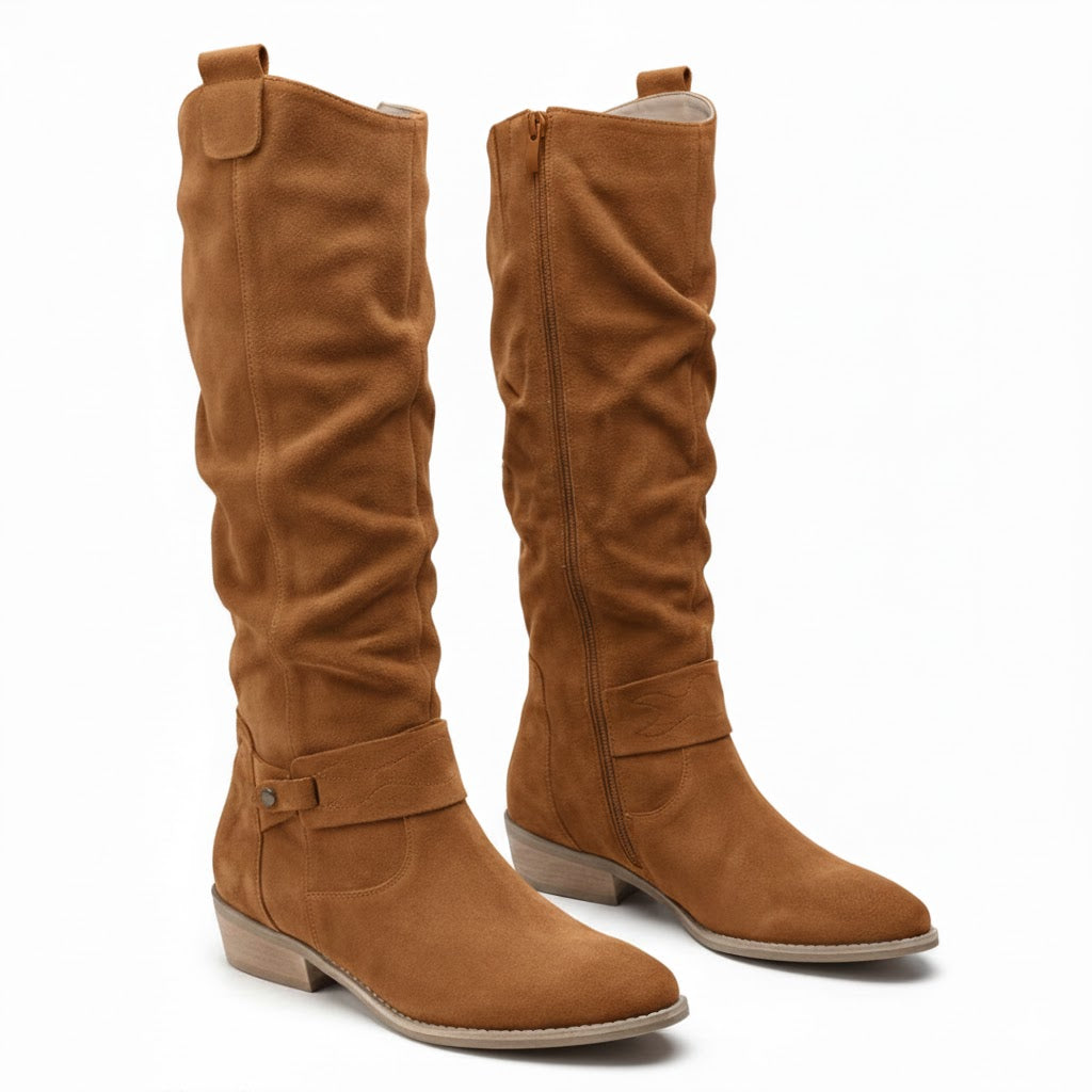 Amy | Schicke, lässig fallende kniehohe Stiefel mit Riemchen