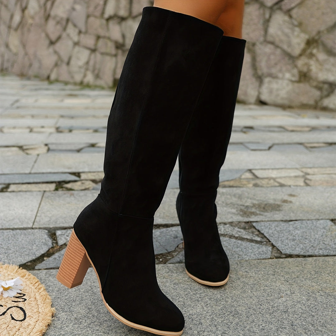 Aurora | Pointed Toe Stacked Heel Knee High Boots