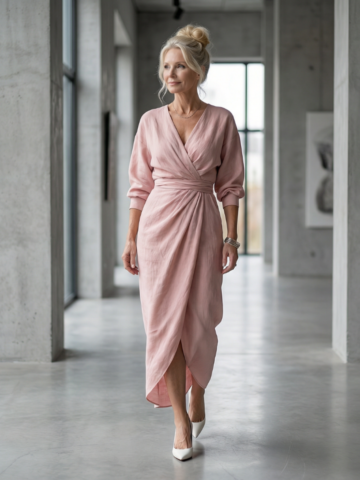Olympia | Diagonal Drape Maxi Dress – Lightweight Long Sleeve Fit for Women