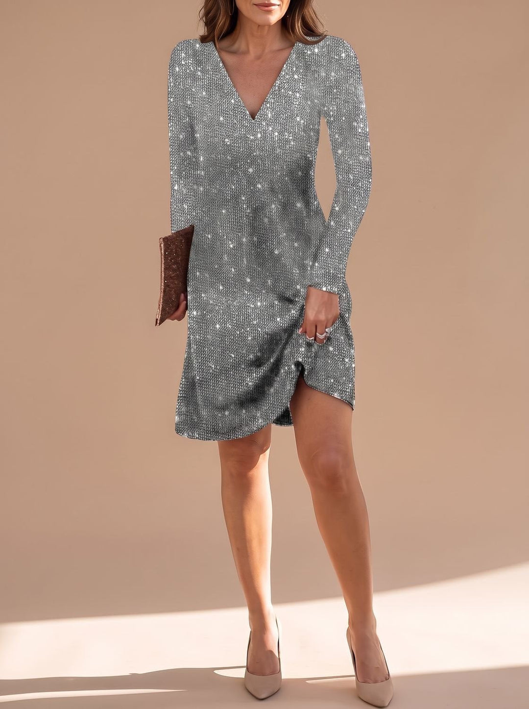 Harper | Sequin Mini Dress – Long Sleeve V-Neck for Women
