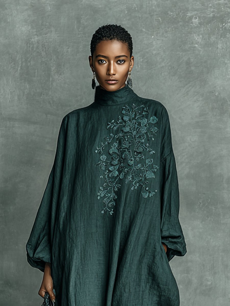 Freya | Robe longue brodée oversize à manches longues et col montant