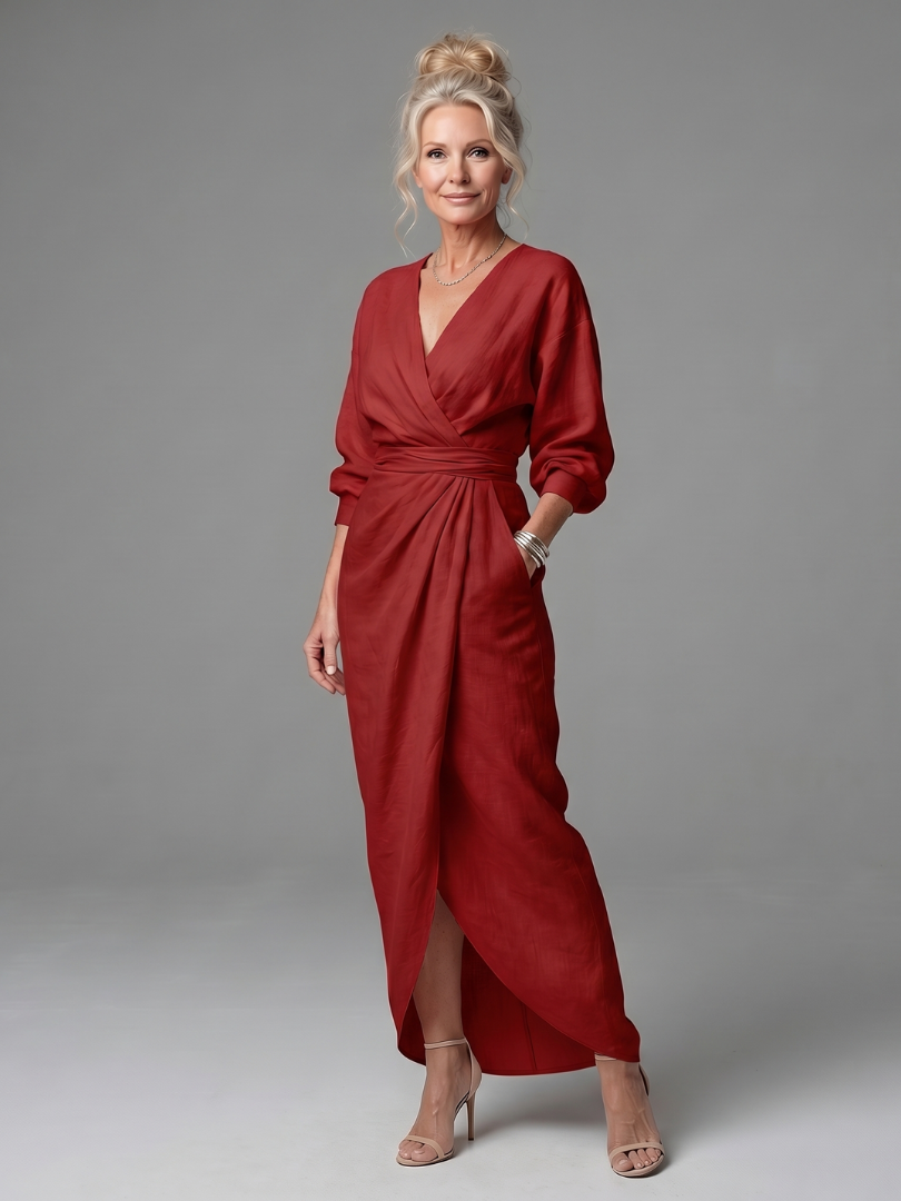 Olympia | Diagonal Drape Maxi Dress – Lightweight Long Sleeve Fit for Women