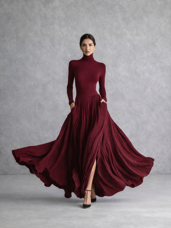 Isla | Flowing Pleated Maxi Dress with Turtleneck