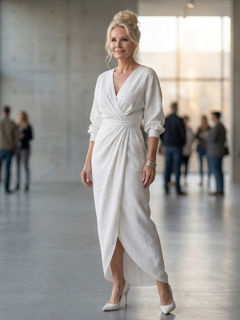 Olympia | Diagonal Drape Maxi Dress – Lightweight Long Sleeve Fit for Women